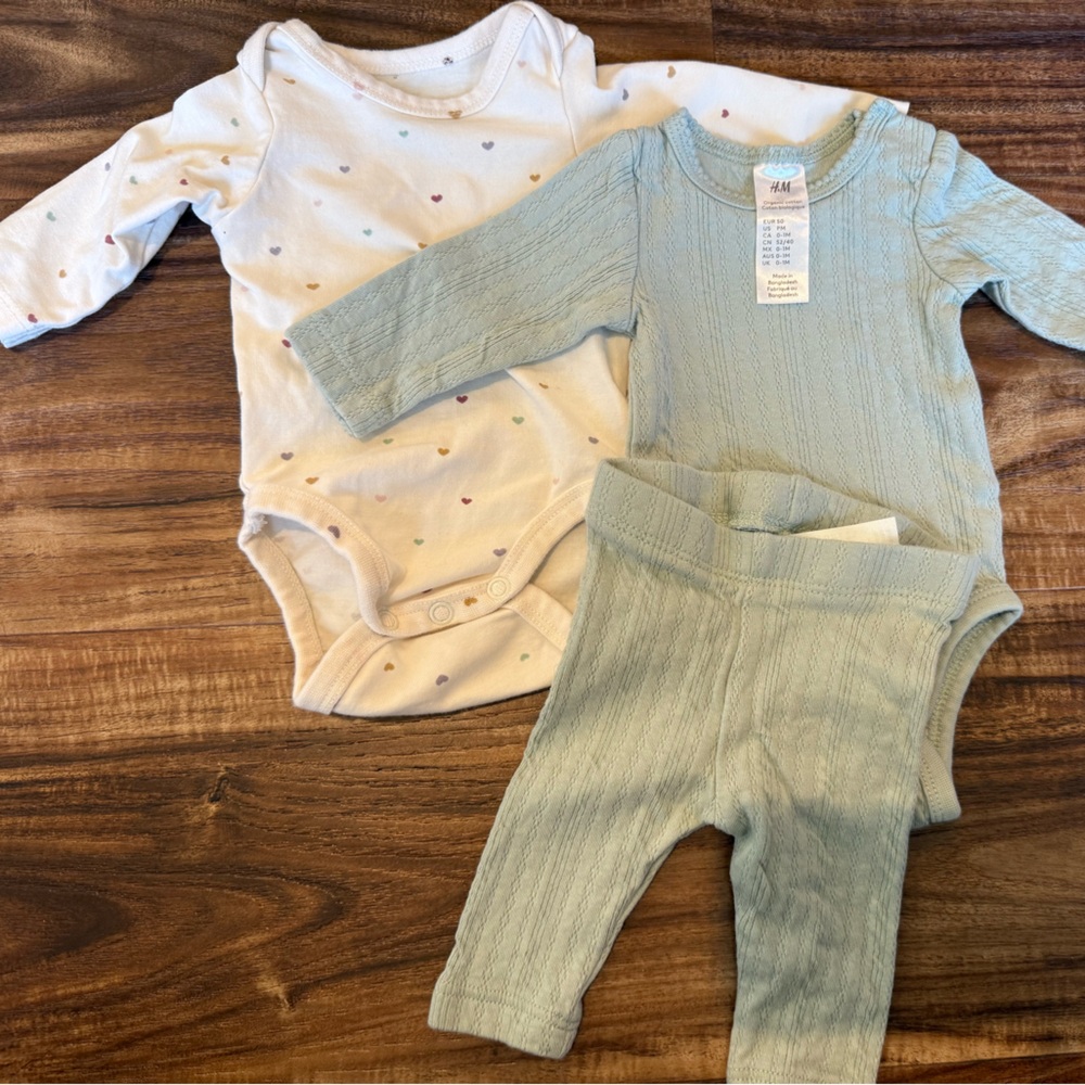 H&M Baby Two-Piece Set — Light Sage Set & Ivory Hearts Bodysuit